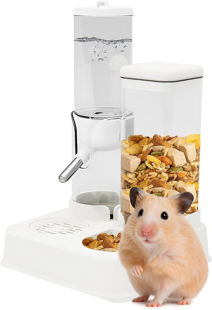 2-in-1 Hamster Water Bottle & Enhanced Food Dispenser - 35% Larger Food Capacity, Leak-Proof Design for Glass Tanks/Wire Cages Small Animal Accessories (White, 4.9IN+5.1IN+5.7)