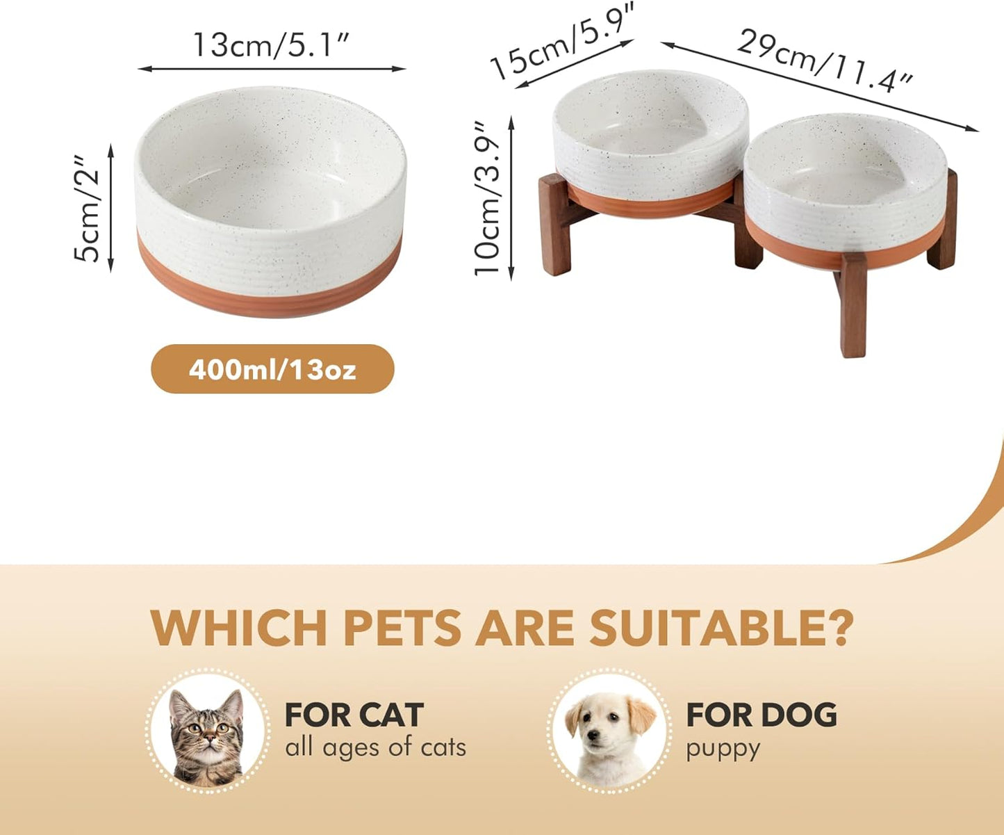 Ceramic 5.1inch Raised Double Bowls Set with Acacia Wood Stand, 2 Heights Elevated, Food & Water Bowls for Puppy, Kitty, Cats(13.5oz, Vanilla White)