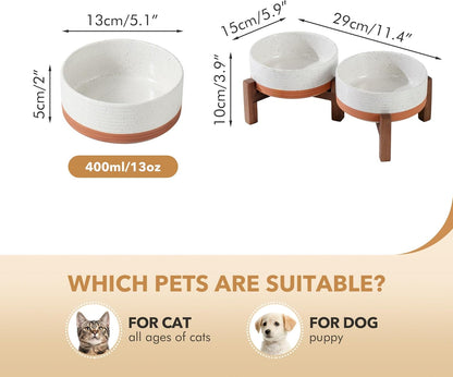 Ceramic 5.1inch Raised Double Bowls Set with Acacia Wood Stand, 2 Heights Elevated, Food & Water Bowls for Puppy, Kitty, Cats(13.5oz, Vanilla White)