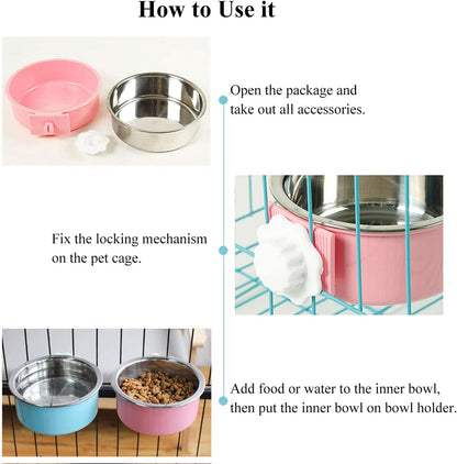 Dog Crate Bowl, Hanging Stainless Steel Removable Pet Crate Water & Food Bowls, Pet Cage Feeder Container Coop Cup for Cat Puppy Birds Rats Guinea Pigs Rabbit Hamster (2PCS)