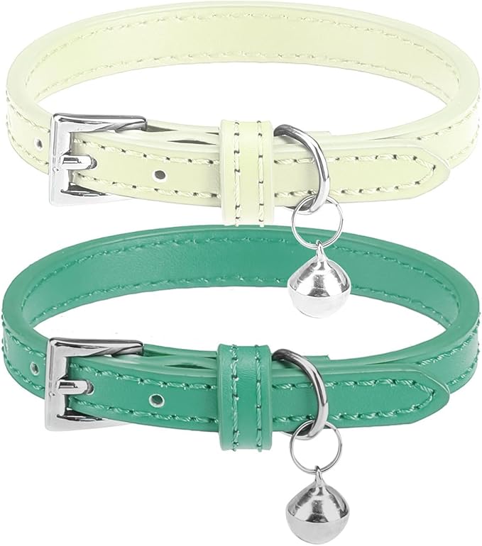 PUPTECK 2 PCS Soft Genuine Leather Cat Kitten Collar with Bells Adjustable for Girl Boy Cats Puppy - Blue Green, Bubble Green