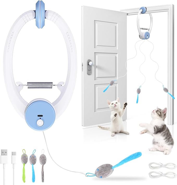 Interactive Cat Toys for Indoor Cats, Automatic Electric Flying Bird Feather Wand Toy, Best Kitten & Adult Cat Enrichment Toy Hanging Electric Kitty Toys for Bored Cats, Light Blue