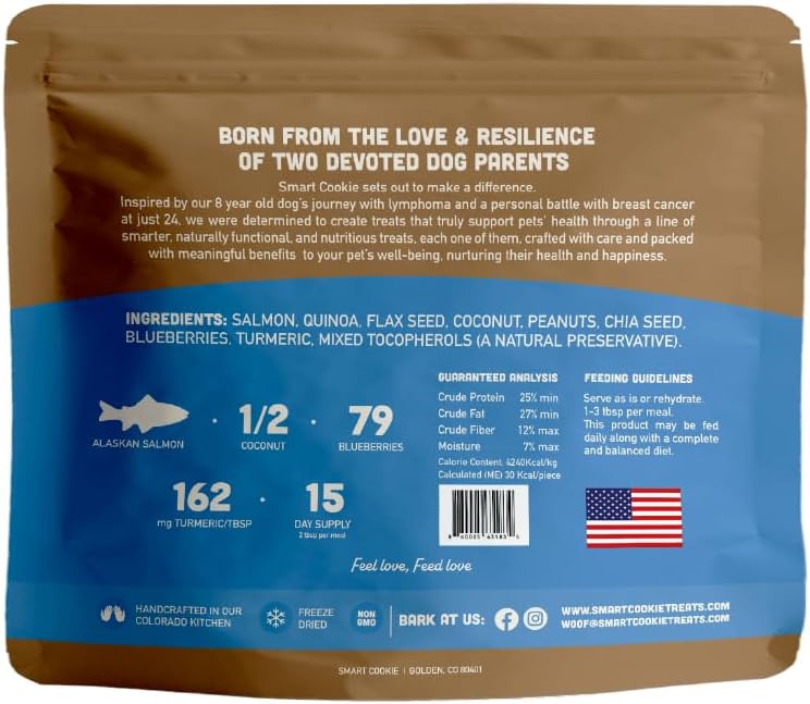 Smart Cookie Natural Dog Food Topper - Superfood - Salmon Dog Meal Mixer for All Ages - Food Topper for Picky Eaters and Boosting Nutrition - Non GMO, Made in The USA - 7 oz Bag (15 Day Supply)