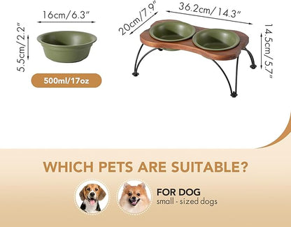 Ceramic 6.3-inch Raised Double-Bowl Set with Non-Slip Stand, Food & Water Dishes for Small and Medium Dogs, Wide Opening with Rounded Edges(Olive Green)
