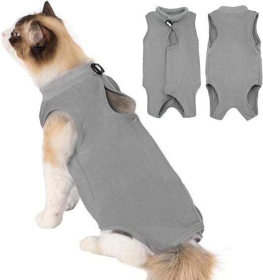 Avont Cat Recovery Suit Post-Surgery Onesie, Breathable Cone-of-Shame Alternative Bodysuit for Spayed Female Kittens, Skin Abdonminal Wound Care -Grey(S)