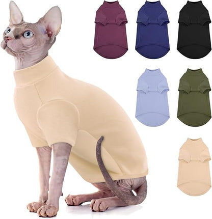 SUNFURA Turtleneck Sweater for Cat, Sphynx Cats Shirt Hairless Cat Sweaters with Sleeves, Warm and Soft Kitten Pullover Fleece Winter Pajamas Jumpsuit for Puppy Cats, LightYellow L