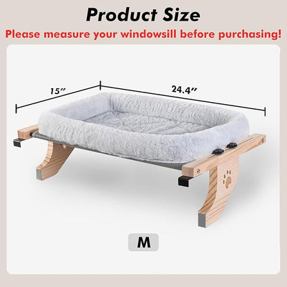 AMOSIJOY Cat Sill Window Perch Sturdy Hammock Window Seat with Cushion Cover, Wood & Metal Frame for Large Cats, Easy to Adjust Cat Bed for Windowsill, Bedside, Drawer and Cabinet (L)