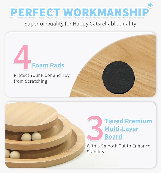 Made4Pets Cat Scratching Post Cat Scratcher Kitten Toys for Indoor Cats Wooden Ball Track Two-Layer Modern Sisal 23.4" Tall Scratch Post Interactive Toy with Dangling Ball Middle Size