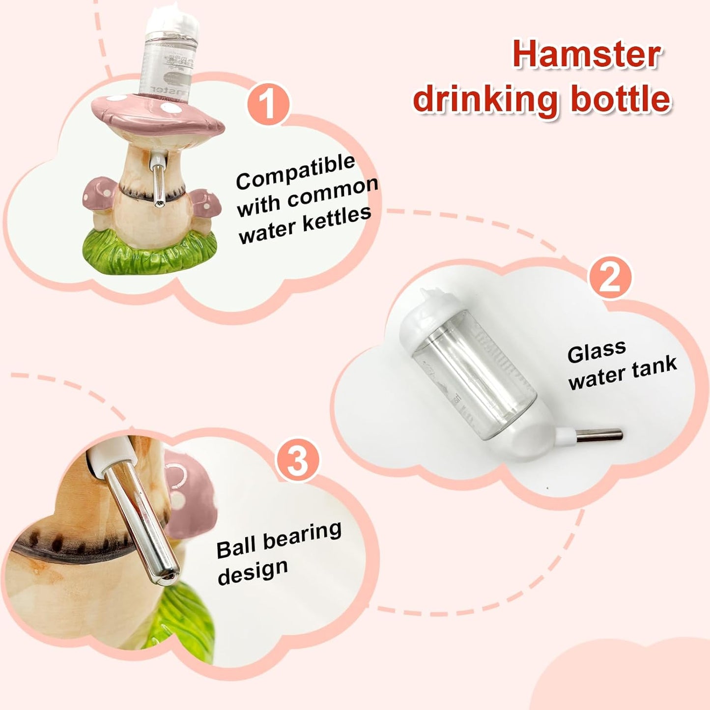 Mushroom Ceramic Hamster Hideout, Water Bottle with Stand, Food Bowl, Hamster Accessories (Pink)