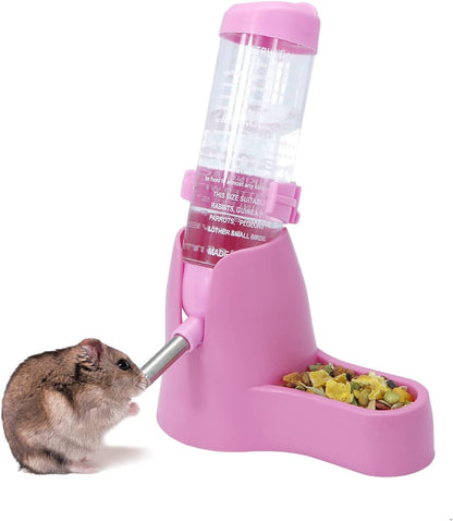 Wontee 3 in 1 Hamster Water Bottle Small Pet Automatic Water Dispenser with Food Container Base Hideout for Dwarf Hamster Mice Gerbils, 2 Pack (Pink, 125ML)
