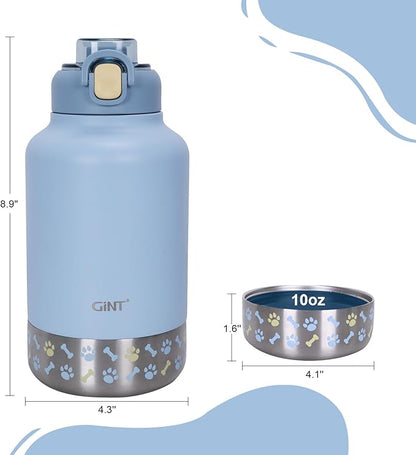 GiNT 37oz Insulated Stainless Steel Dog & Human Water Bottle, All-in-1 Travel Dispenser with Detachable Bowls & Carrying Case, Leak-Proof Pet Canteen for Walking, Hiking, Camping, Car (Blue)