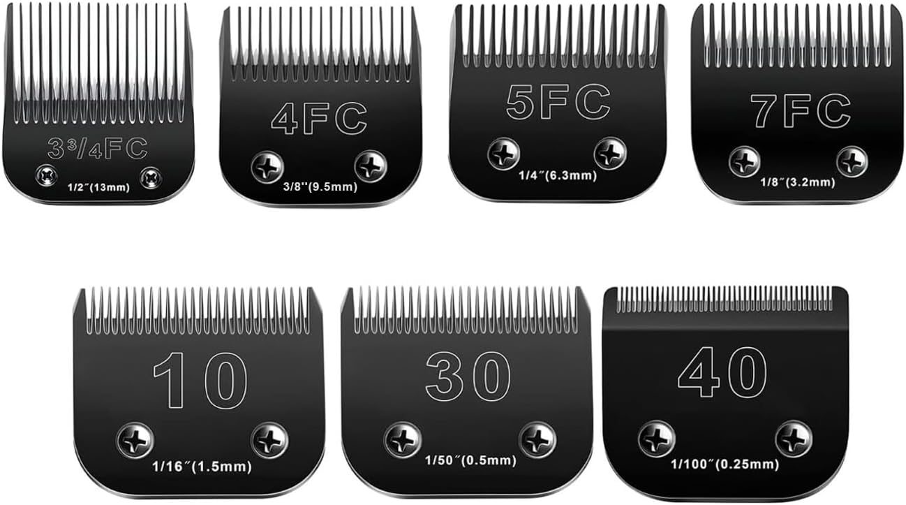 Audoc 10 Blades Dog Grooming Blades Compatible with Andis/Oster A5/Wahl KM-10 Series Dog Clippers,Detachable Clipper Replacement Blade,Black (7PCS #10+30+40+3FC+4FC+5FC+7FC)