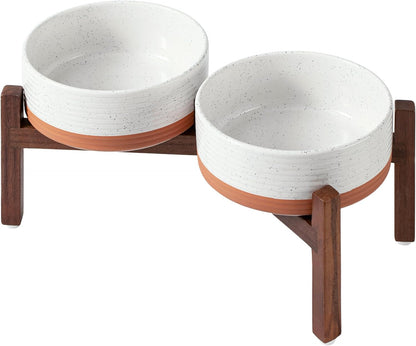 Ceramic 7.3inch Raised Double Dog Bowls Set with Acacia Wood Stand, Food & Water Bowls for Medium Breed Dogs, Weighted Pet Dishes(41oz, Vanilla White)