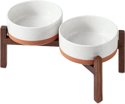 Ceramic 7.3inch Raised Double Dog Bowls Set with Acacia Wood Stand, Food & Water Bowls for Medium Breed Dogs, Weighted Pet Dishes(41oz, Vanilla White)