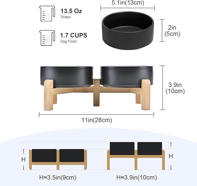 SPUNKYJUNKY Elevated Dog Bowls Ceramic, 5.1'' Dogs and Cat Food Water Bowls Raised with Non-Slip Bamboo Stand for Puppy Small Sized Breed Microwave Dishwasher Safe - 13.5 OZ,Black