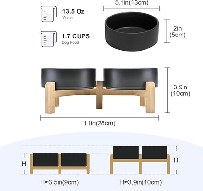 SPUNKYJUNKY Elevated Dog Bowls Ceramic, 5.1'' Dogs and Cat Food Water Bowls Raised with Non-Slip Bamboo Stand for Puppy Small Sized Breed Microwave Dishwasher Safe - 13.5 OZ,Black