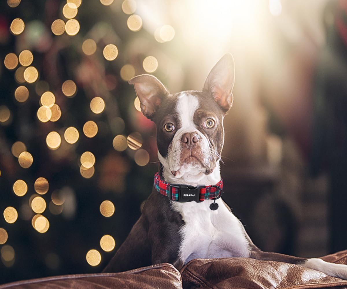 DOGWONG Christmas Cotton Dog Collar, Red Green Tartan Christmas Dog Collar Durable Soft Fabric Pet Dog Collars Cute Red Green Plaid Puppy Necklace for Small Dogs