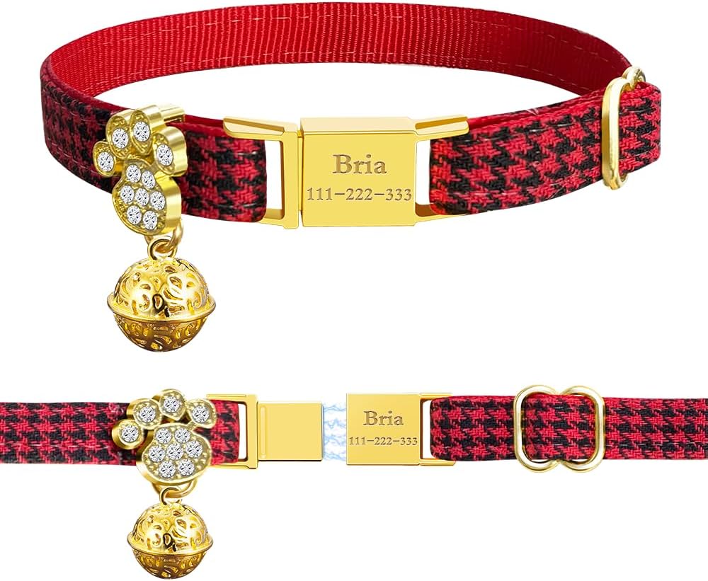 Personalized Breakaway Cat Collars - Magnetic Buckle, Bell - Safety Quick Release, Customized for Girls & Boys Cats- (Houndstooth-Red)