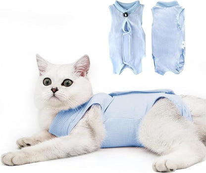 Cat Recovery Suit for Male and Female Surgical Post Surgery Soft Cone Onesie Shirt Clothes Neuter Licking Protective Diapers Outfit Cover Kitten Spay Collar(S, Blue)