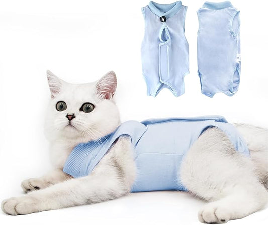 Cat Recovery Suit for Male and Female Surgical Post Surgery Soft Cone Onesie Shirt Clothes Neuter Licking Protective Diapers Outfit Cover Kitten Spay Collar(M, Blue)