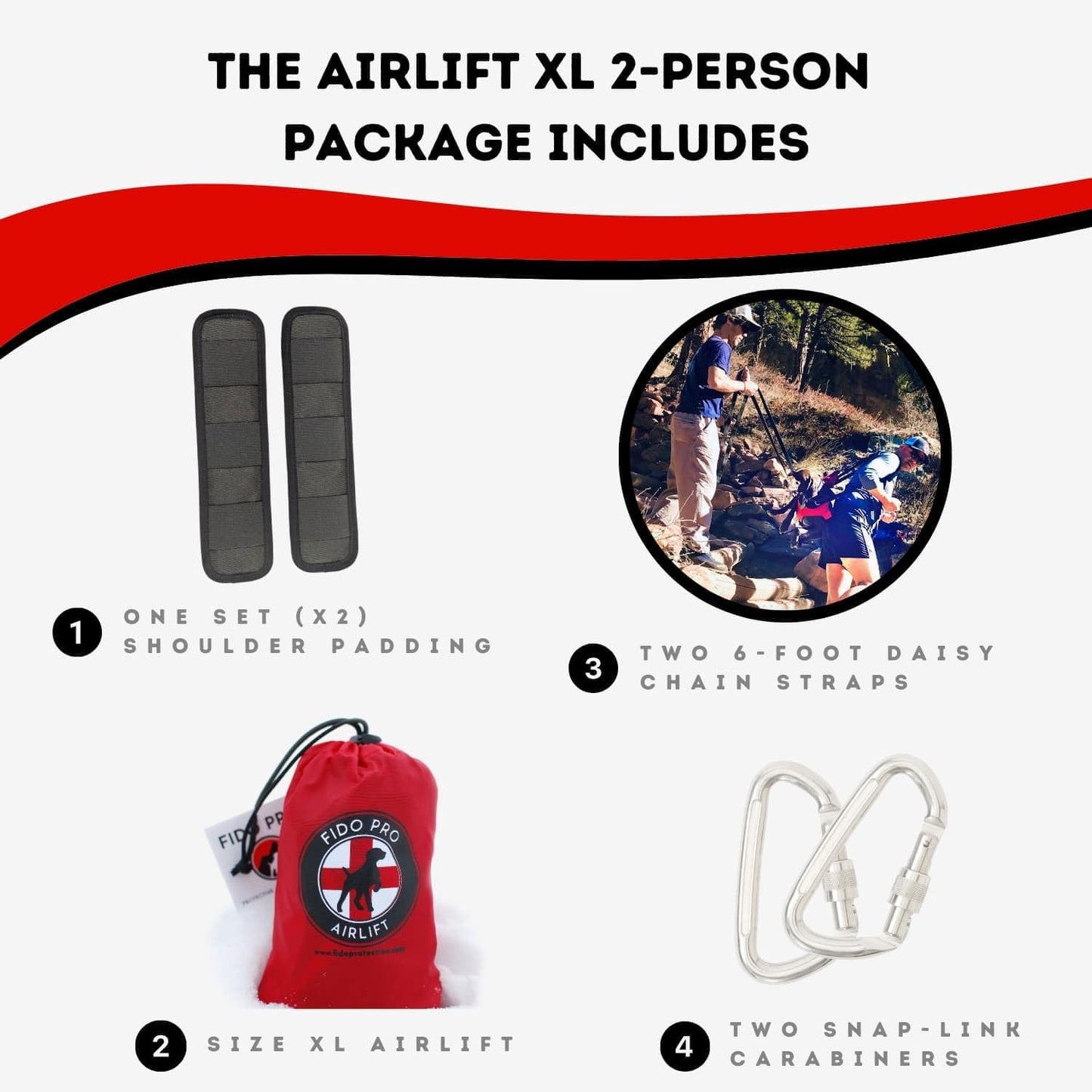 Fido Pro Airlift Emergency Dog Rescue Sling - XL 2 Person Carry System for Extra Large Dogs - Adjustable Shoulder Padding - Lightweight, Packable Dog Sling for Hiking, Skiing - Fits Dogs 70-160 lbs