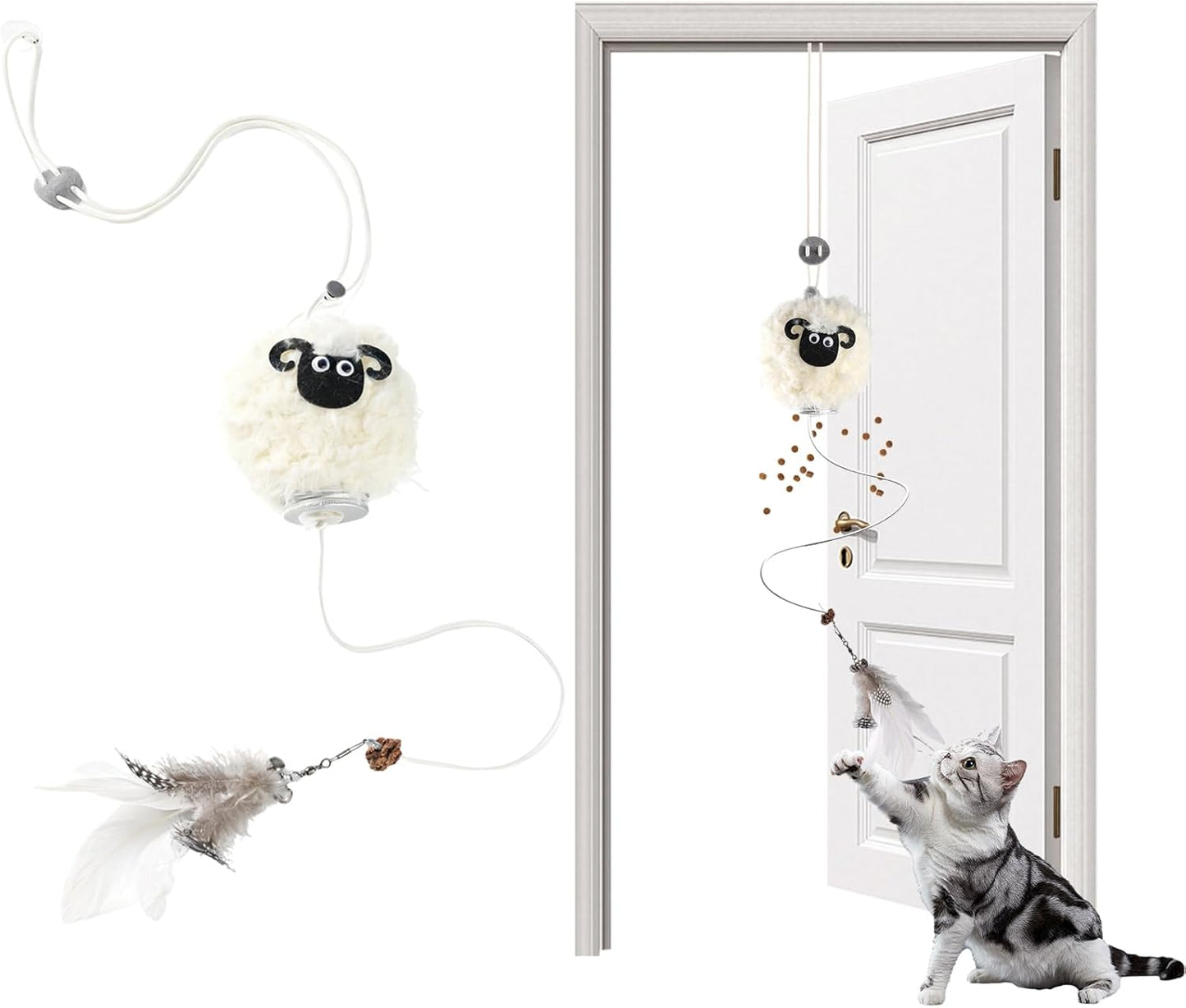 Interactive Cat Toys for Indoor Cats - [2025 New] Elastic Cat Feather Toys with Lamb-Shaped Puzzle Dispenser, Hanging Enrichment Toy That Delivers Joy and Award