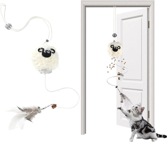 Interactive Cat Toys for Indoor Cats - [2025 New] Elastic Cat Feather Toys with Lamb-Shaped Puzzle Dispenser, Hanging Enrichment Toy That Delivers Joy and Award