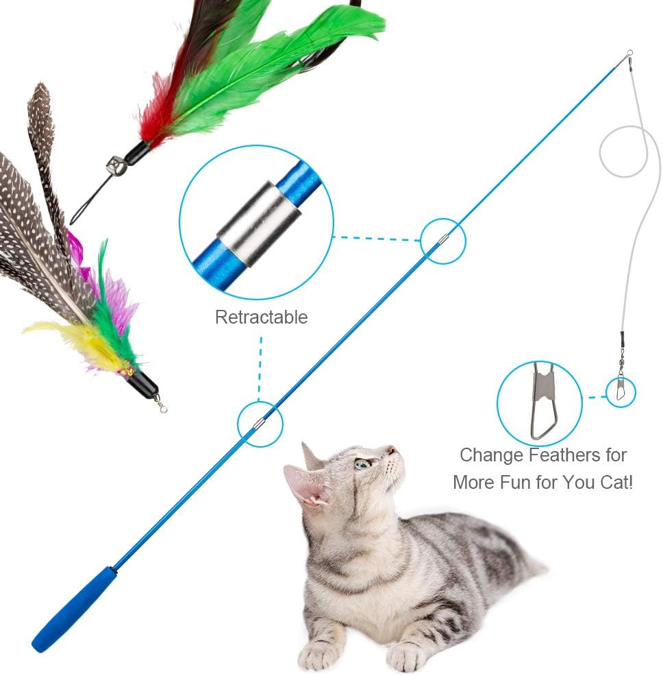Cat Toys Feather Toy, 2PCS Retractable Wand and 10PCS Replacement Teaser with Bell Refills, Interactive Catcher and Funny Exercise for Kitten.
