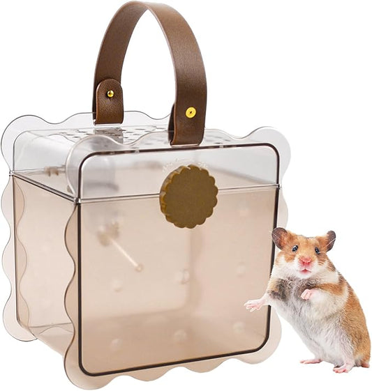 Portable Hamster Carrier Cage,7.87 x 7.87 x 5.51 Inches Dwarf Hamster Carrying Cage with Water Bottle Ventilation Holes Outdoor Hamsters Travel Cages for Mice,Sugar Glider,Gerbils,Rat(Brown)