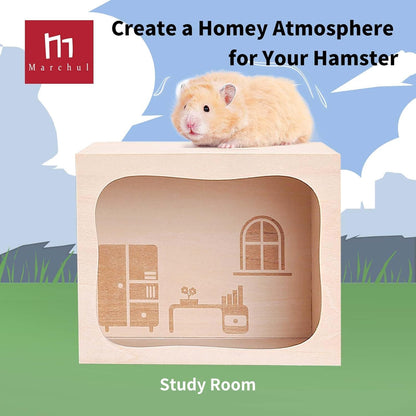 Marchul Hamster Hideout Wooden House Chamber Small Animals Pets Tunnel Exploring Toys for Dwarf Hamsters, Syrian Hamsters, Gerbils, Hedgehogs, Rats, Mice (Study Room)