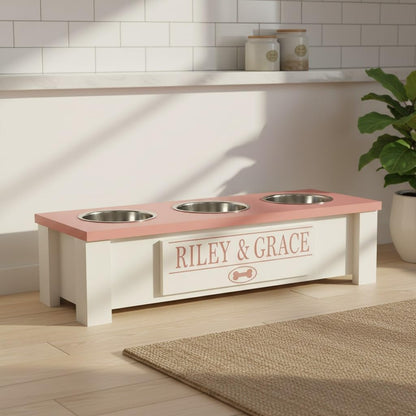 GrooveThis Woodshop - Personalized Elevated Triple Dog Bowl Stand for Large, Medium, Small, X-Small Dogs - 3 Stainless Steel Food and Water Bowls - Raised Dog Dish with Internal Storage (Small, Pink)