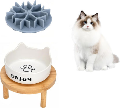 3PCS Elevated Cat Bowls,Wide Raised Ceramic Pet Dishes with Bamboo Stand, Whisker Friendly Pet Water or Food Plates Feeding Station for Indoor Small Dogs, Kitten (White(1PCS))