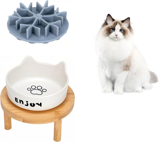 3PCS Elevated Cat Bowls,Wide Raised Ceramic Pet Dishes with Bamboo Stand, Whisker Friendly Pet Water or Food Plates Feeding Station for Indoor Small Dogs, Kitten (White(1PCS))
