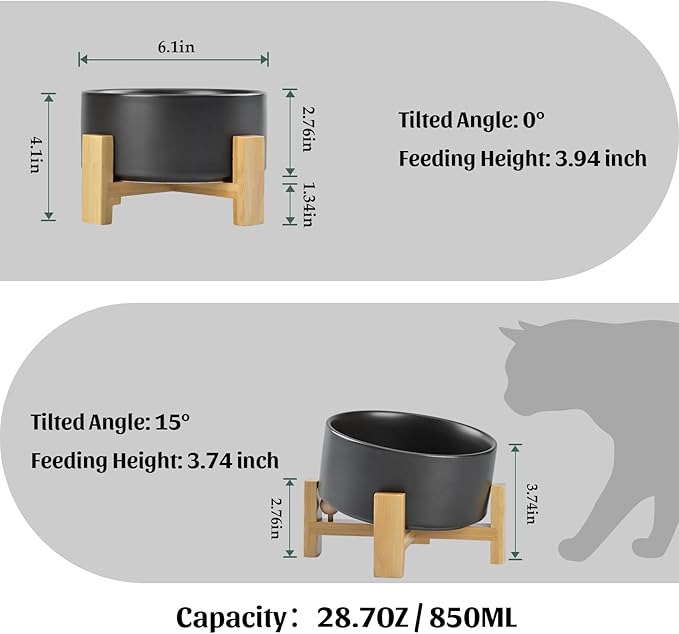 SPUNKYJUNKY 15° Slanted Ceramic Dog and Cat Bowl with Wooden Stand, Tilted Bulldog Food and Water Bowl No Slip Non-Spill for Cats Medium Dogs Big Face Pets 28.7 OZ (3.6 Cups, Black)