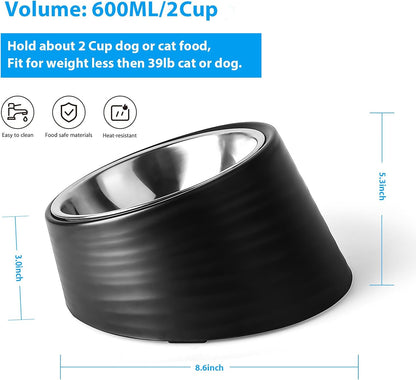 Tilted Angle Dog Bowl, 15° Slanted Stainless Steel Dog Cat Food Bowl, Non-Slip & Non-Spill Pet Feeder with Elevated Detachable Melamine Stand, Easy to Get Food Dish, Large 2 Cup Black