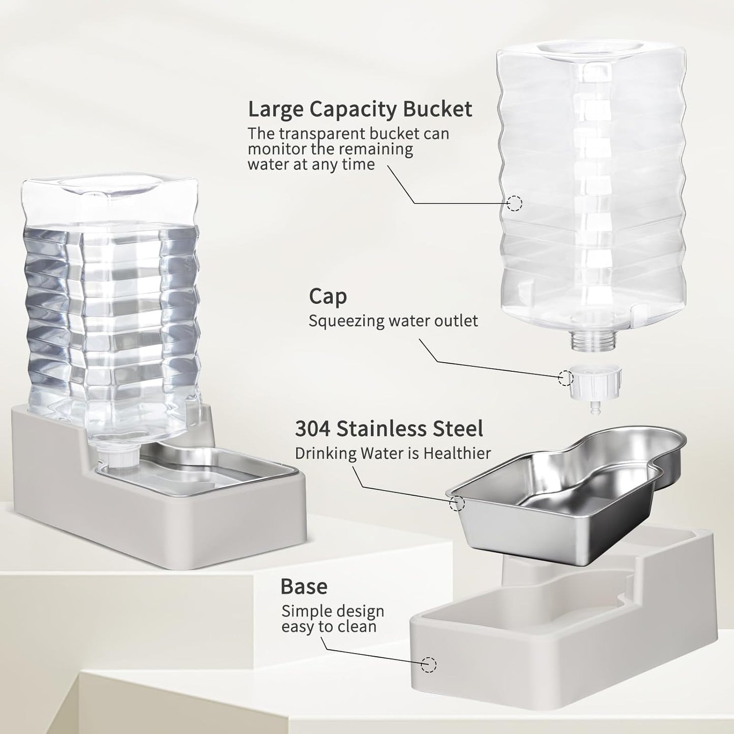 RIZZARI Stainless Steel Pet Water Feeder: 9.5L Beige Automatic Leak-Proof Gravity Dispenser - Without Filter - for 40-80 LB Senior Dogs with Arthritis - Garage Kitchen Use