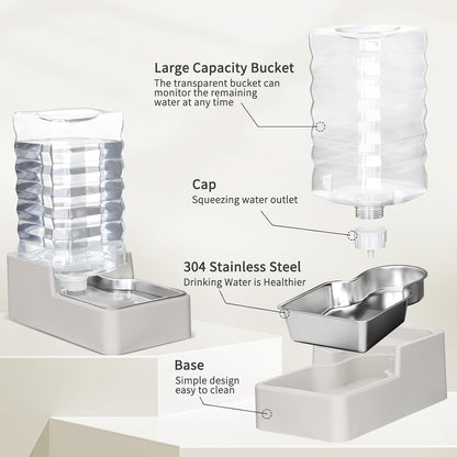 RIZZARI Stainless Steel Pet Water Feeder: 9.5L Beige Automatic Leak-Proof Gravity Dispenser - Without Filter - for 40-80 LB Senior Dogs with Arthritis - Garage Kitchen Use