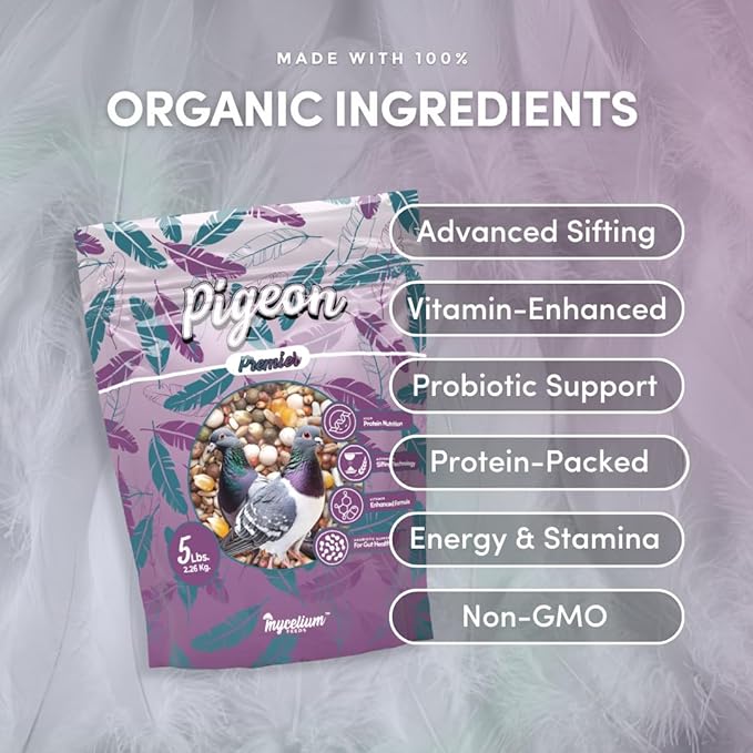 Mycelium Organic Pigeon Premier Feed (5 LB Bag) | High-Protein Wild Bird Food with Probiotics & Vitamins | Supports Strength, Gut Health & Daily Performance | Non-GMO, No Fillers, Made in USA