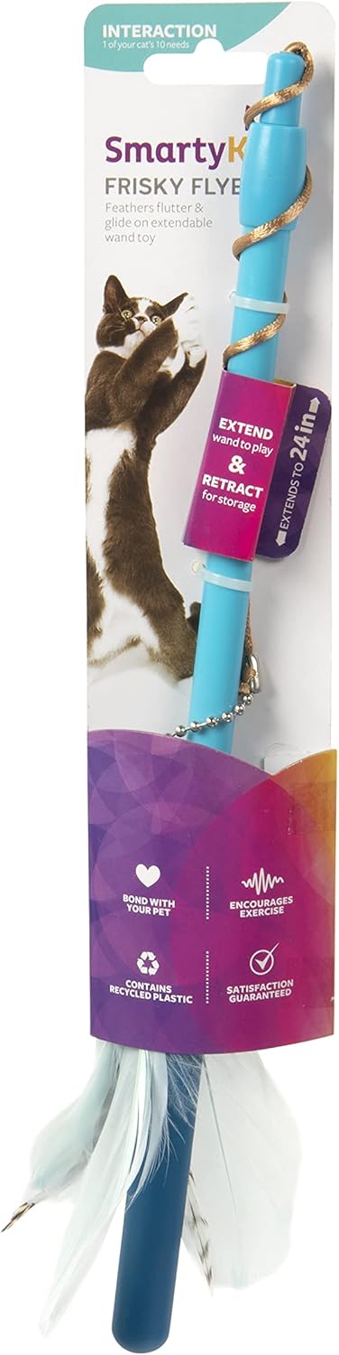 SmartyKat Frisky Flyer Feather Wand Cat Toy, Extendable Up to 24" - Blue, One Size