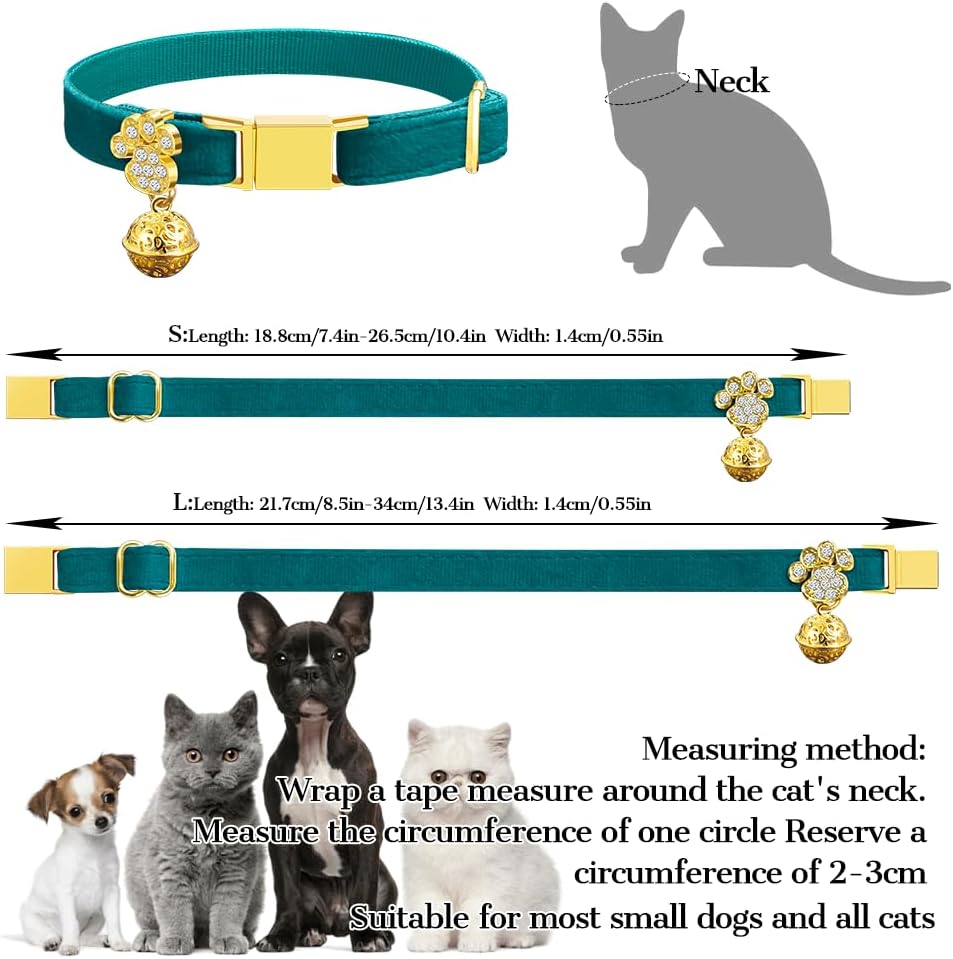 Personalized Breakaway Cat Collars - Magnetic Buckle, Bell - Safety Quick Release, Customized for Girls & Boys Cats- (Velvet-Green)