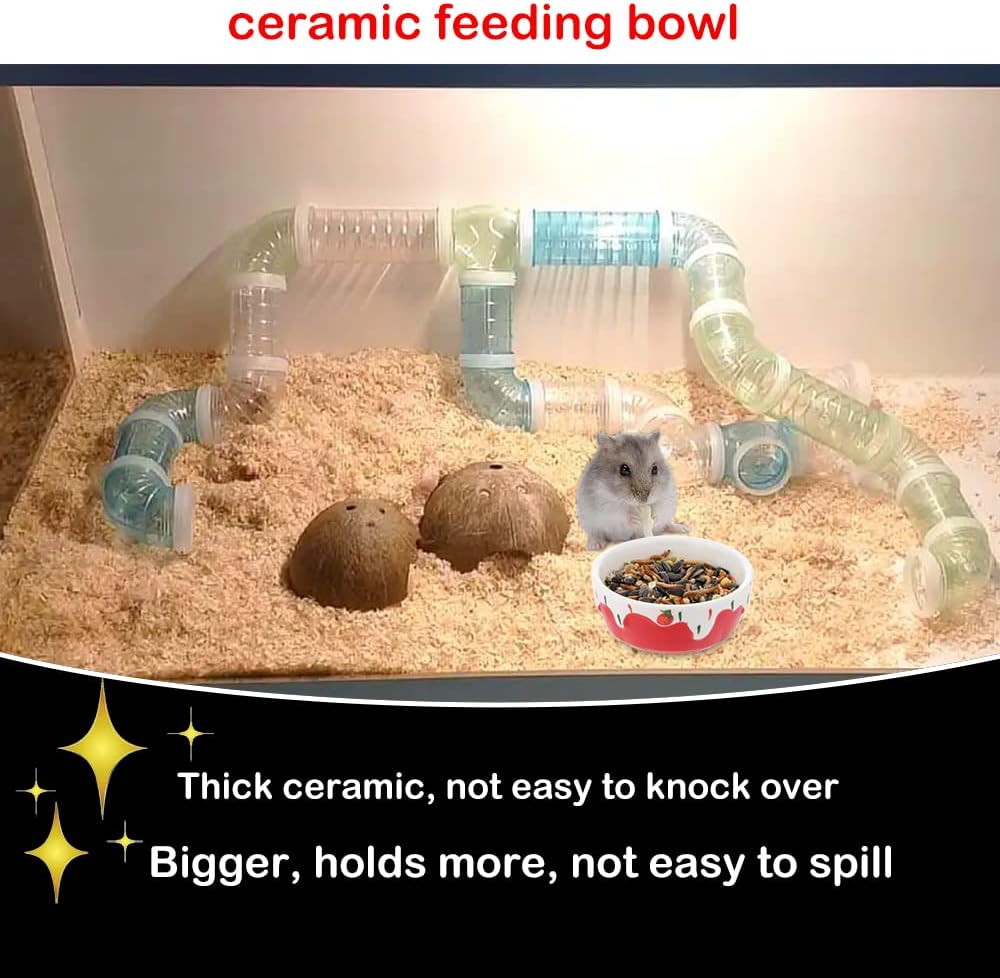 2 Pcs Hamster Ceramic Bowl, Small Animals Anti-Turning Food Water Bowl for Rabbit Hamster Guinea Pig Hedgehog Squirrel (Pink and Red)