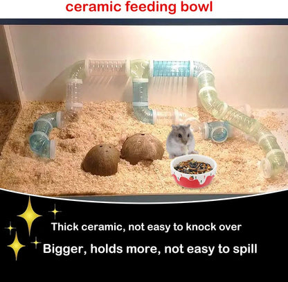 2 Pcs Hamster Ceramic Bowl, Small Animals Anti-Turning Food Water Bowl for Rabbit Hamster Guinea Pig Hedgehog Squirrel (Pink and Red)