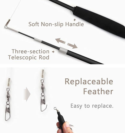 SONGWAY Interactive Cat Feather Toy Set - Retractable Teaser Wand with 6 Pcs Feather Refills with Bell, Cat Wand Toys for Indoor Cats Kittens Play Chase Exercise, Black