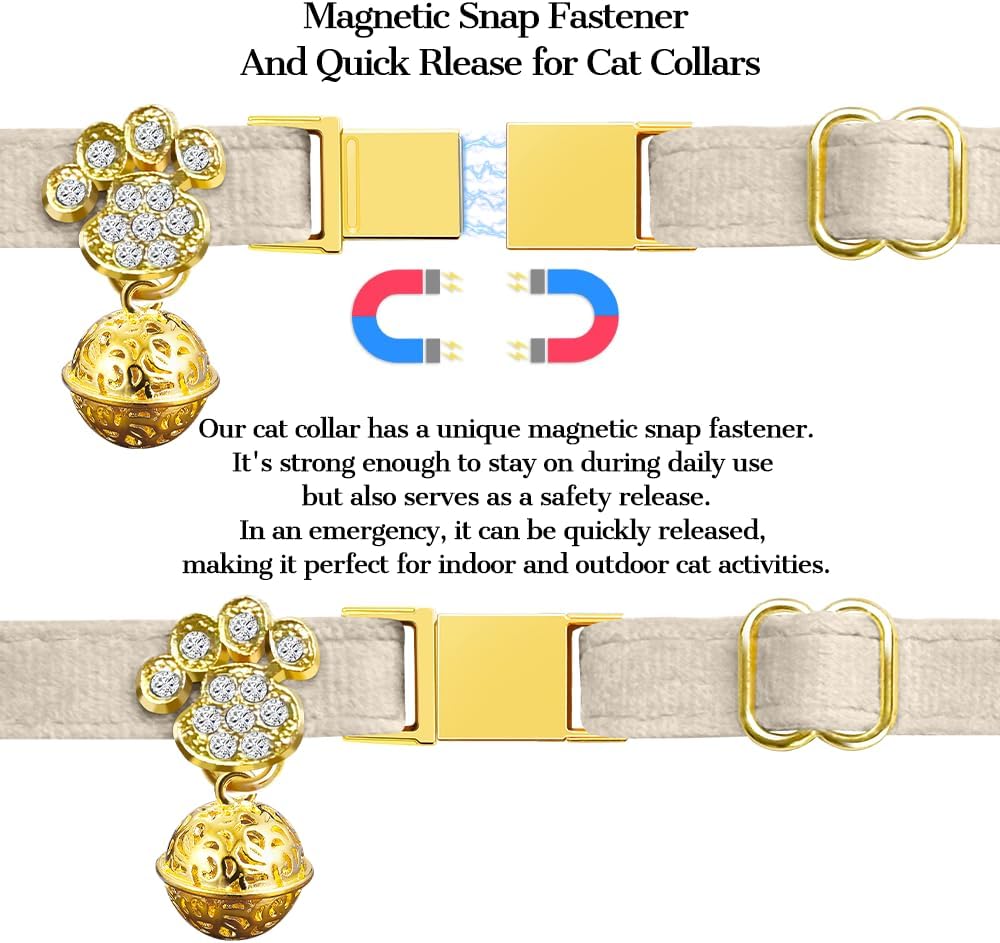 Personalized Breakaway Cat Collars - Magnetic Buckle, Bell - Safety Quick Release, Customized for Girls & Boys Cats- (Velvet-White)