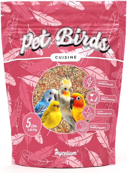 Mycelium Pet Bird Cuisine Bird Food (5 LB Bag) | Organic Parakeet Food, Cockatiel & Lovebird Seed Mix | High Protein, Vitamins & Minerals with Fruits & Vegetables | Non-GMO, USA Made