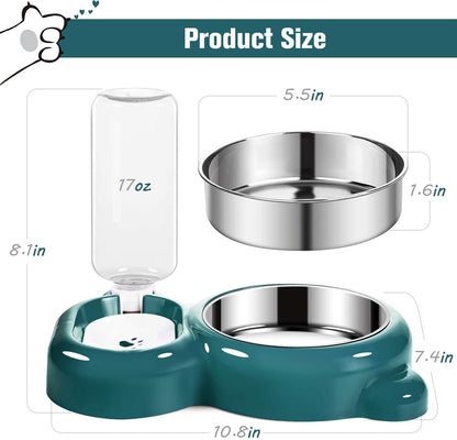 Dog Bowls, Cat Food and Water Bowl Set with Water Dispenser and Stainless Steel Bowl for Cats and Small Dogs - Dark Green