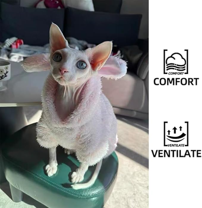 Stretchy Fuzzy 2-Leg Cat Hoodie Pajamas for Sphynx,Soft Fluffy Loungewear with Bunny Ears, Cozy Home Clothes for Hairless Cats, Winter Warm Outfit Sweater (Pink, XL (8-11 lbs))
