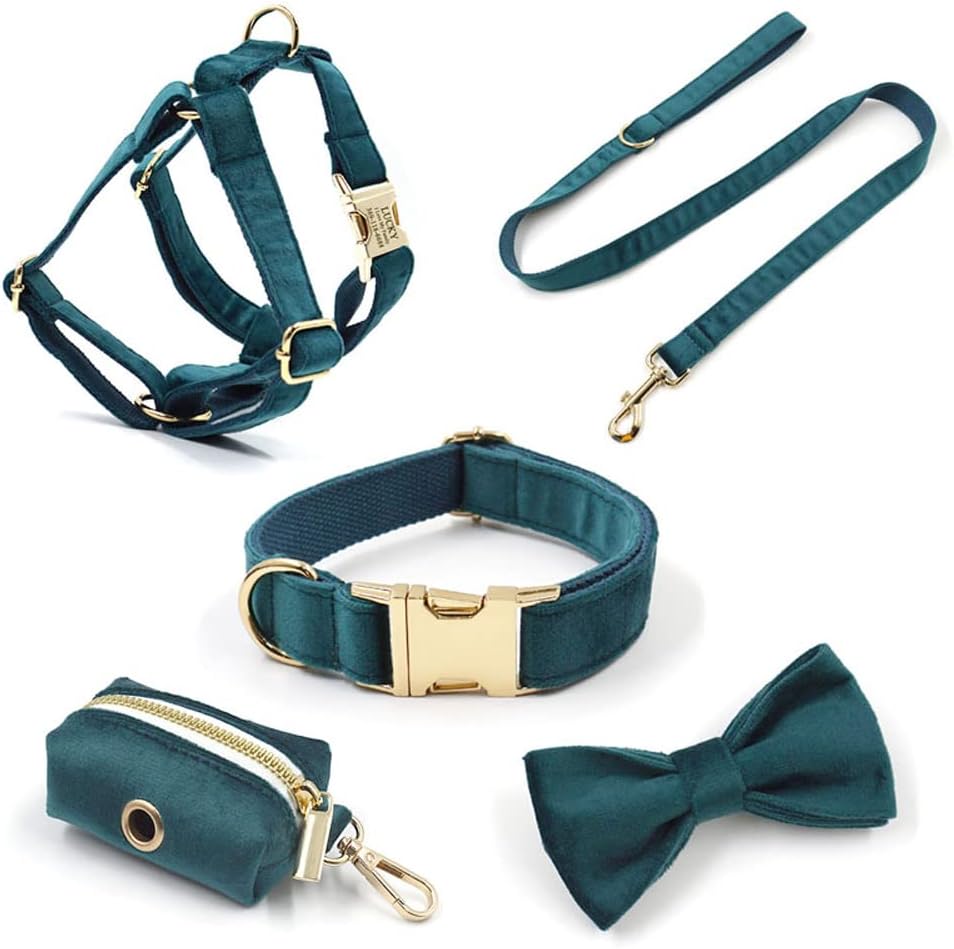 PETDURO Custom Dog Collar Personalized with Name Engraved Quick Release Rose Gold Metal Buckle for Large Medium Small Girl Dogs - Dog Leash and Bow Tie Available - Soft Comfy Velvet (Gem Green, S)