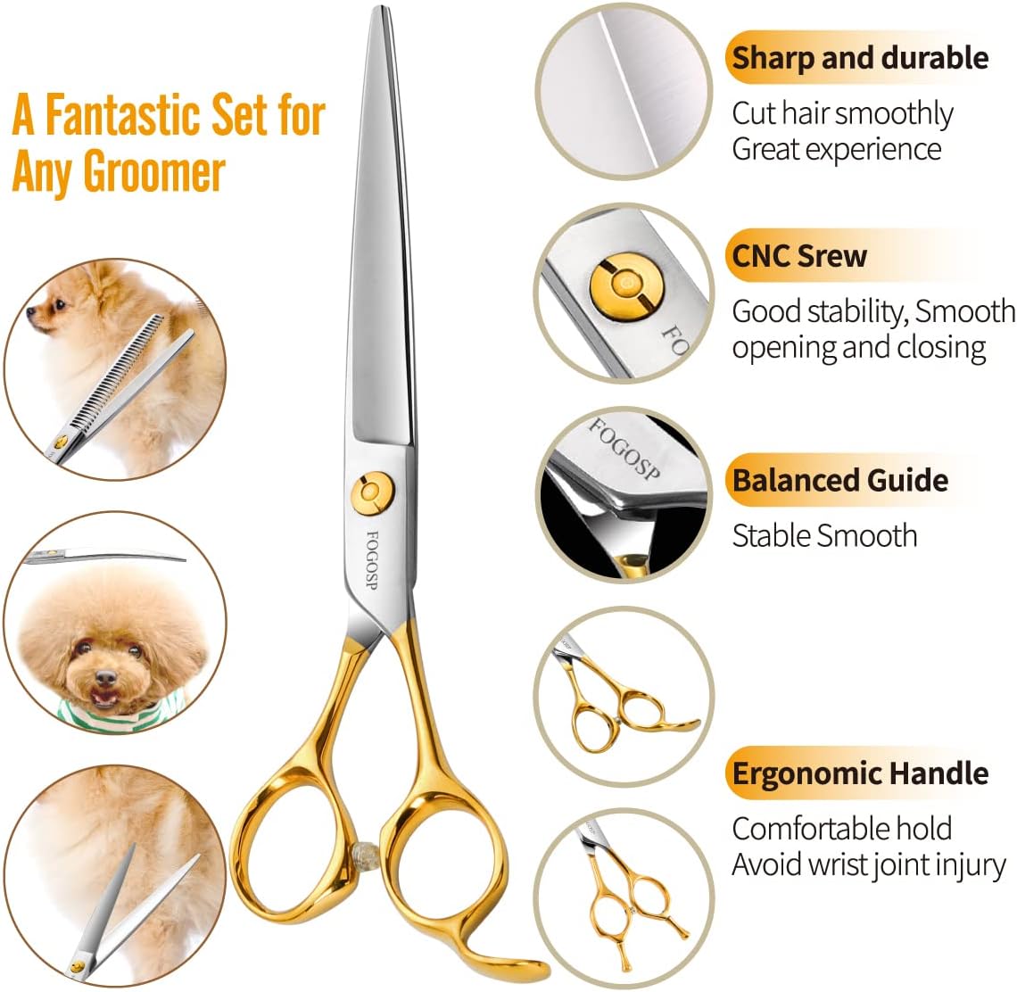 Professional 7.5" Dog Grooming Scissors Kit 4pcs, JP 440C Stainless Steel Curved Blender Straight Chunker Shears for Dog Cat and Pets (7.5 in Kit, Gold)