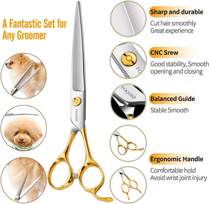 Dog Grooming Scissors Kit 4pcs 7 inch Professional Dog Grooming Shears Set Curved Thinning Straight Chunkers for Dogs Cat Pets (7 in Kit, Gold)